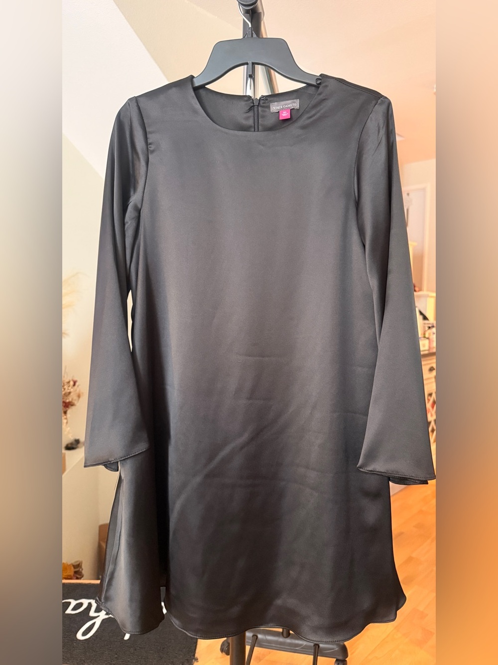 Vince Camuto Black Satin Long Sleeve Shift